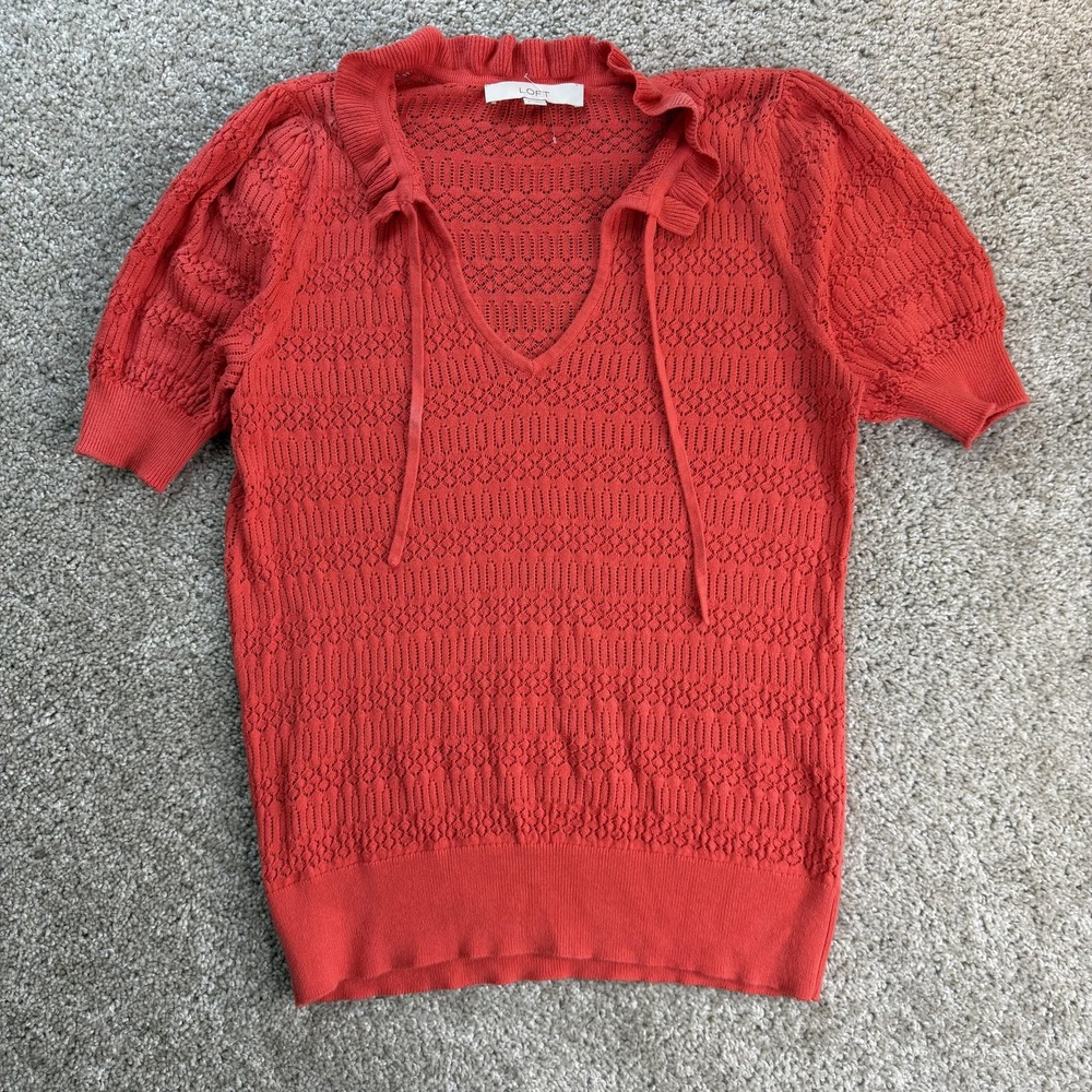LOFT Sweater Womens Small Red V Neck Ruffle Collar Puff Short Sleeve Open Knit